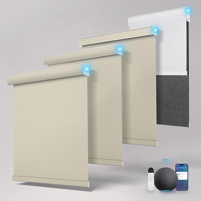 Motorized Blinds with Remote,Blackout Smart Roller Shades with App,Voice Control,Linen Fabric,Thermal Insulated Automatic Blinds,Electric Shades with USB/Solar Pannel.Double-Sided Beige