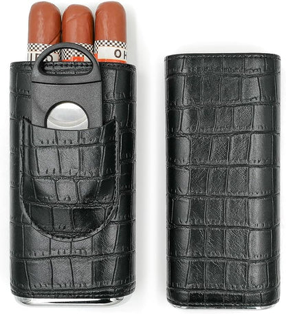 Black Cigar Case with Cutter - Portable Leather Travel Cigar Holder and Small Humidifier Kit for Men