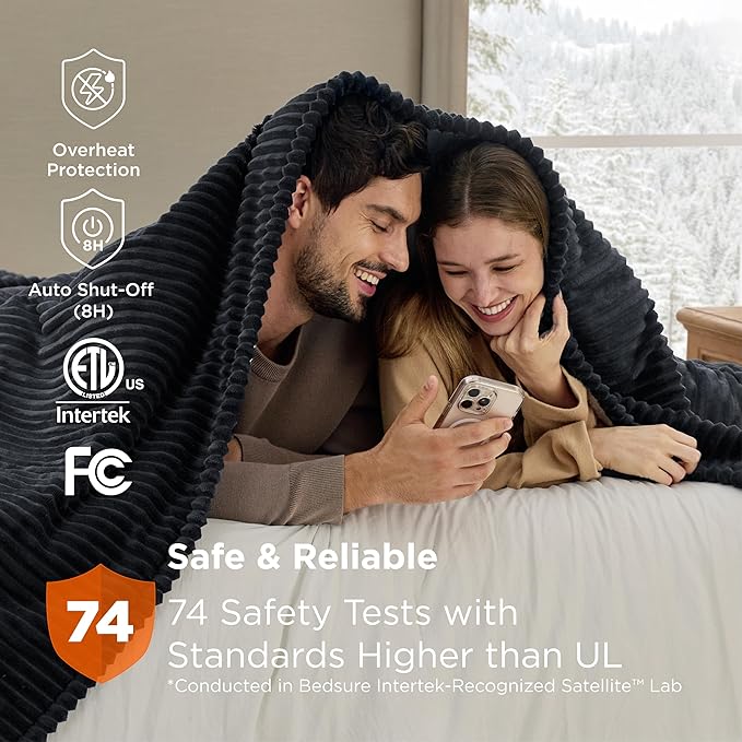 Bedsure GentleSoft Electric Blanket King Size - Soft Ribbed Flannel Heated Blanket with Dual Control, Heating with 10 Heat Settings & 10 Time Settings, 8 hrs Timer Auto Shut Off (90x100 inches, Black)