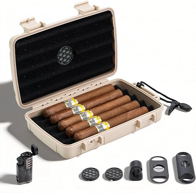 Arctic Loon Travel Cigar Humidor Kit – Holds 5 Cigars (60 RG), Crushproof & Waterproof Portable Cigar Case with Lighter (Without Gas), Cigar Cutter, V-Cutter, Magnetic Cigar Stand, Humidifier (CORE-5)