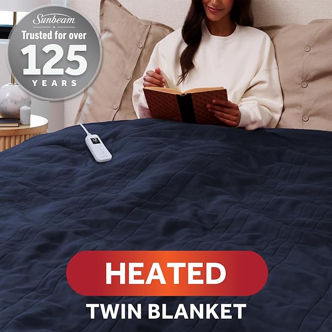 Sunbeam Royal Ultra Fleece Heated Electric Blanket, Twin Size, 84" x 62", 12 Heat Settings, 12-Hour Auto Shut-Off, Indigo