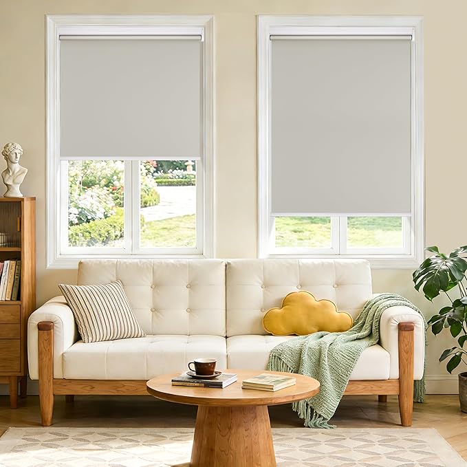 Grandekor Motorized Blinds with Remote Control, Blackout Roller Shade Electric Shades Cordless Smart Blinds for Bedroom Living Room Office,Beige,W48xH72
