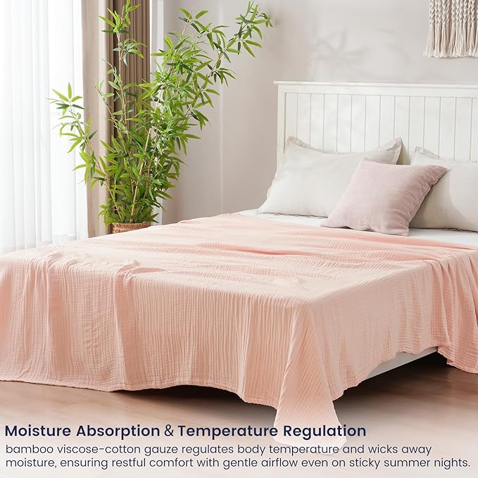 PHF Cooling Muslin Twin Blanket for Hot Sleepers, 60% Viscose from Bamboo, 40% Cotton and 4-Layer Breathable Gauze Blanket for Bed Couch, 66"x90", Pink Rose
