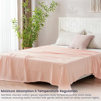 PHF Cooling Muslin Queen Blanket for Hot Sleepers, 60% Viscose from Bamboo, 40% Cotton for and 4-Layer Breathable Gauze Blanket for Bed Couch, 90"x90", Pink Rose
