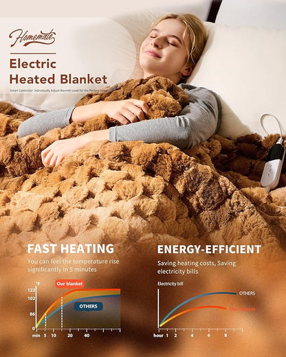 Homemate Electric Heated Throw Blanket - 50"x60" Luxury Faux Fur Heating Bed Blankets with 10 Heating Levels 8 Hours Auto Off Fast Heating Over-Heated Protection Ultra Soft Warm Flannel ETL Certified