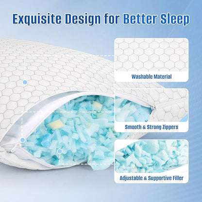 Shredded Memory Foam Pillow for Sleeping, Cooling Bed Pillows Set of 2, Adjustable Pillows for Side, Back, Stomach Sleepers with Washable Pillowcase (Queen Size, Grey)