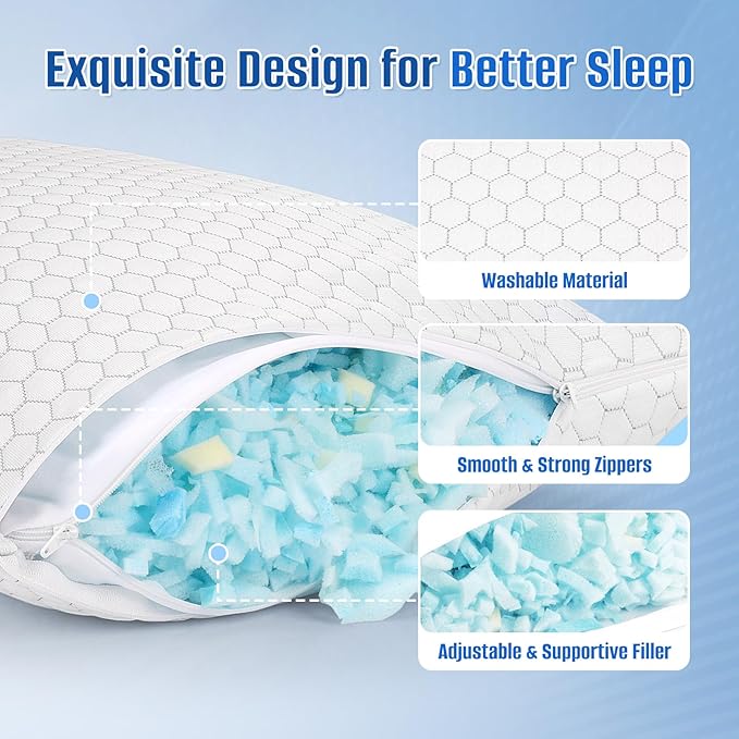 Shredded Memory Foam Pillow for Sleeping, Cooling Bed Pillows Set of 2, Adjustable Pillows for Side, Back, Stomach Sleepers with Washable Pillowcase (Standard Size, Grey)