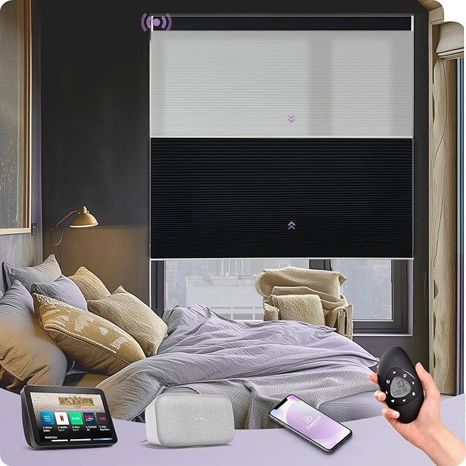 Graywind Motorized Day Night Cellular Shades with Remote, Smart Honeycomb Blinds Compatible with Alexa & Google Home, Custom Size Blackout/Privacy for Bedroom, Living Room & Home Office, Charcoal