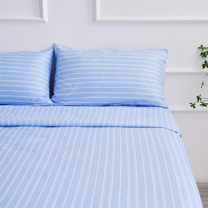 Full Size Sheets Blue White Stripe 4 Piece Breathable & Cooling Bed Sheet Set - Hotel Luxury Bedding for Women, Men, Kids, Teens, Boys & Girls - Deep Pockets, Soft, Wrinkle Free - Blue Stripes
