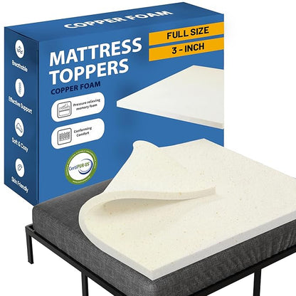 Greaton, 3-Inch Copper-Infused Memory Foam Mattress Toppers, Cooling and Pressure Relieving with Airflow Design, Full, Beige