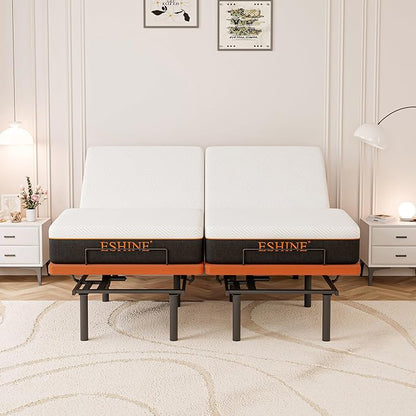 ESHINE Split King Adjustable Bed Frame with Mattress - 10 Inch Gel Memory Foam Mattress, Bluetooth APP Control, Wireless Remote, Zero Gravity, Anti Snore, Head and Foot Incline, 2000 Series