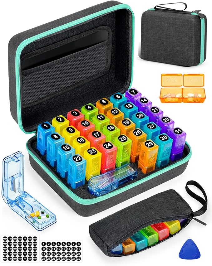 Monthly Pill Organizer 3 Times a Day, with Portable Hard Shell, Pill Cutter, 31-Day Box, Plastic Opening Pick, Monthly & Weekly Stickers, Convenient Medication Management (Black, 2 Times a Day)