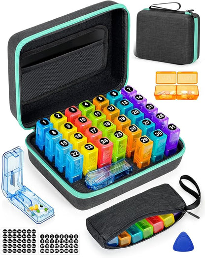 Monthly Pill Organizer 3 Times a Day, with Portable Hard Shell, Pill Cutter, 31-Day Box, Plastic Opening Pick, Monthly & Weekly Stickers, Convenient Medication Management (Black, 2 Times a Day)