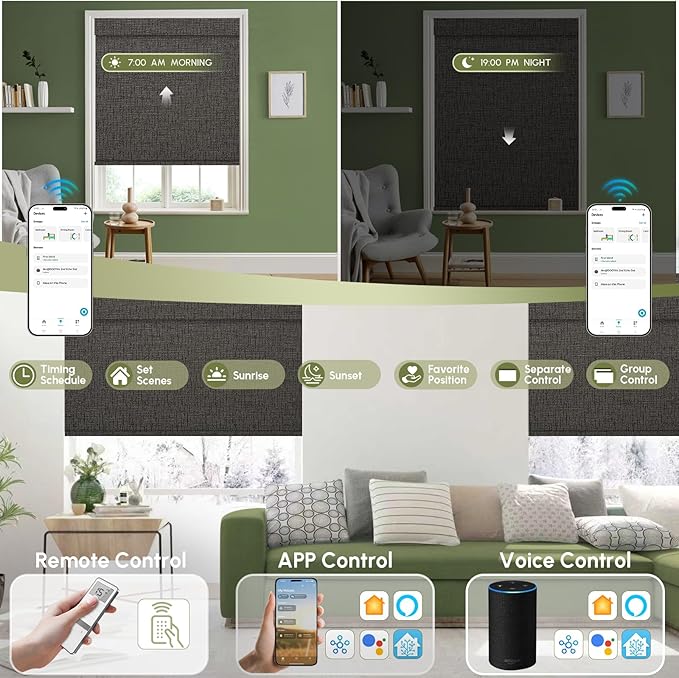 FineTell Motorized Blinds with Remote, 100% Blackout Roller Shades Compatible with Alexa,Apple Homekit,Google Home APP and Voice Control, Customized Electric Blinds (100% Blackout Classic Shadow)