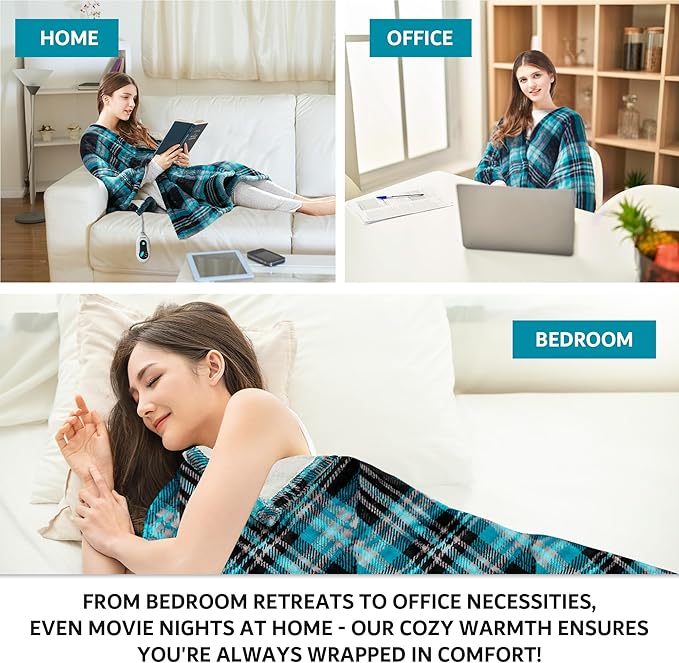 Beautyrest Wearable Electric Poncho Wrap Blanket, Ultra Soft Sherpa & Berber Fleece Heated Throw, UL Certified & Oeko-TEX, 3 Heat Settings & 2 Hour Auto Shutoff, Gift-Ready, 50" x 64", Aqua Plaid