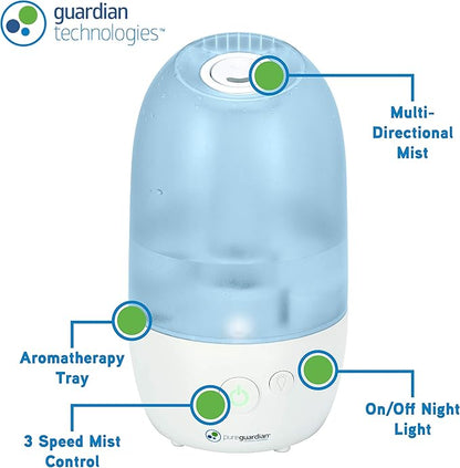 PureGuardian Ultrasonic Cool Mist Humidifier with Aromatherapy Tray, 70-Hour Run Time, 1-Gallon Tank Capacity, 320 Sq. Ft. Coverage for Small Rooms, Quiet Operation, H975AR