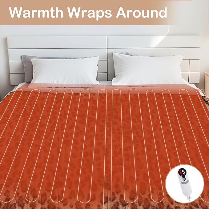 Electric Heated Blanket Twin Size 62"x84", Fast Heating, Soft Plush Microplush for Bed & Sofa, 1-10Hs Auto Off & 6 Heating Levels, Machine Washable, Gifts for Family-Brown Leopard Print