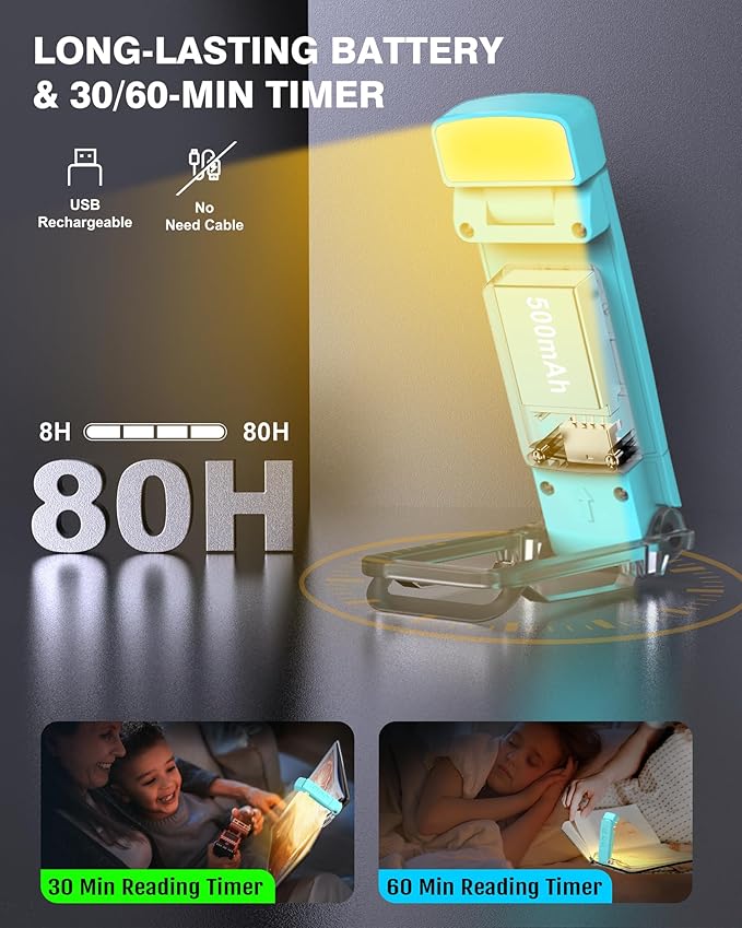 2-Pack Reading Light with 6 Bookmark, Rechargeable Book Light for Reading at Night in Bed, with 3 Colors &5 Brightness Adjustable Eye Care, 30/60-min Timer for Kids Night Book Reading Lovers