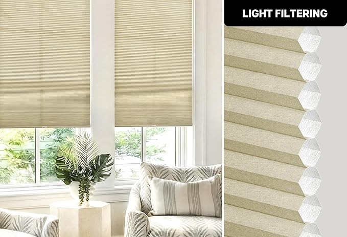 LazBlinds Cordless Cellular Shades, No Tools No Drill Light Filtering Honeycomb Shades Pleated Blinds for Windows, 36'' W x 64'' H, Mocha