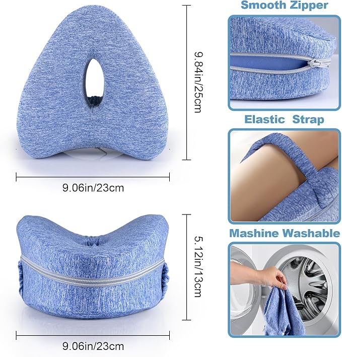 Knee Pillow for Side Sleepers, Leg Pillow for Sleeping, Knee Pillow with Strap, Alignment Pillow Between Legs, Suitable for Relieving Leg, Back & Knee Pain, Machine Washable (Blue)