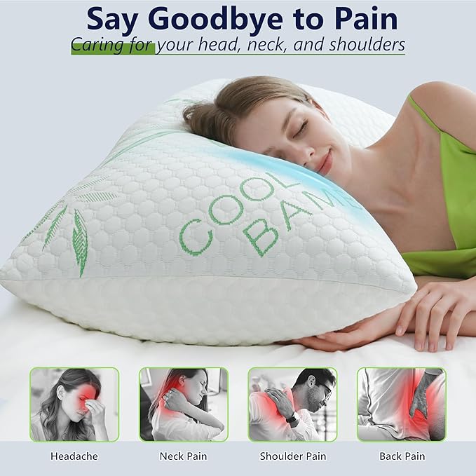 Cooling Pillows, Shredded Memory Foam Pillows Queen Size Set of 2 Adjustable Firm Bamboo Bed Pillows for Hot, Side, Back and Stomach Sleepers