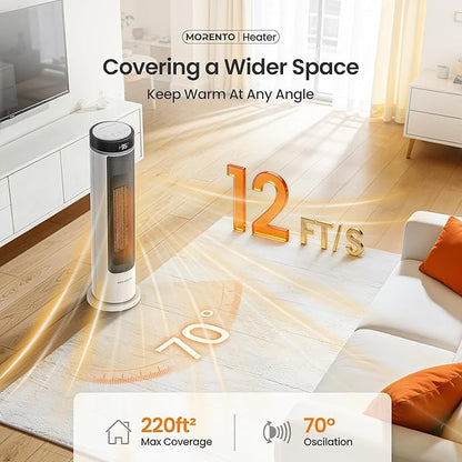 MORENTO Space Heater for Indoor Use, 1500W Ceramic Fast Heat, Electric Space Heater for Large Room with Remote, Thermostat, Digital Display, 5 Modes, 12H Timer, 70° Oscillation, 23dB White 1 Pack