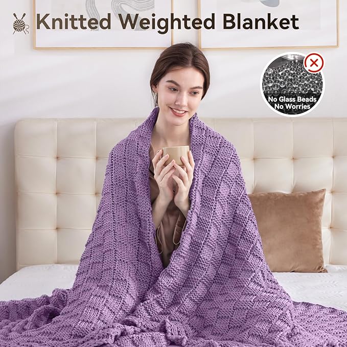 Knitted Weighted Blanket for Adult, No Beads Heavy Blanket 48” x 72'' 10lbs, Breathable Chunky Knit Blanket, Cooling Weighted Blanket for Hot Sleepers, Christmas Home Decor (Lilac)