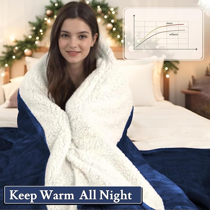 Electric Heated Blanket 62"x84" Twin Size Flannel & Sherpa - 4 Heat Settings & 10H Auto Shut Off for Safe Overnight Use, Fast Heating, Machine Washable for Bed, Couch, Office - Dark Blue