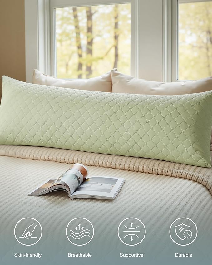 YZ HOME Long Body Pillow for Adults - Firm Body Pillow Insert with Shredded White Memory Foam, Adjustable Height, Soft Support for Side Sleeping, Pregnant Women, Washable (Green, 20x54 Inch)