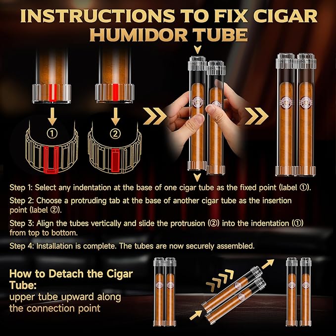 Travel Cigar Humidor, Portable Humidifier Tubes, Removable Cigar Case with Stand, Detachable Storage Tube for 2 Cigars Shorter 6.5 inch, Crystal Gel Keep Humidity (2 Cigar Tubes)