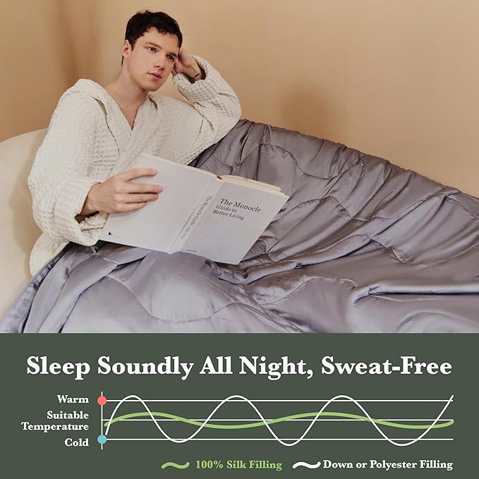 Silk Comforter Queen Size | 100% Mulberry Silk Fill with Organic Bamboo Viscose Shell | Summer Cooling Blanket for Hot Sleepers, Lightweight Breathable All-Season Bedding (Ice Grey, 90"x90")
