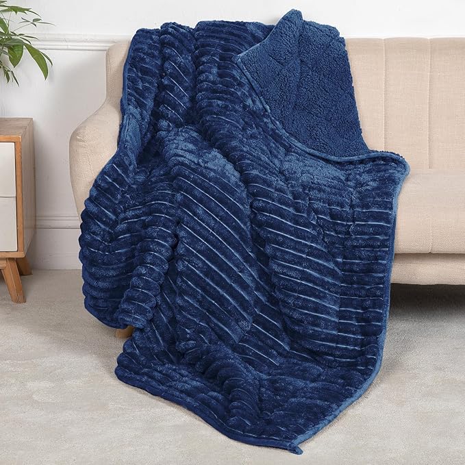 Sherpa Fleece Weighted Blanket with 3D Ribbed Stripes, 15 lbs Soft Flannel Heavy Throw Blanket for Couch Bed Sofa, Heavy Thick Blankets with Glass Beads, Comfort for Cozy Evenings, 60" x 80"