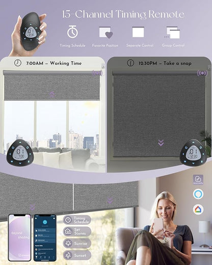 Graywind Motorized Roller Shade 100% Blackout Compatible with Alexa Google Textured Fabric Remote Control Hardwired Window Shades Window Blinds, Customized Size (Weaving Cloud)