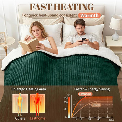 Electric Heated Throw Blanket - 50"x60" Fast Heating Bed Blankets with 6 Heating Levels & 4 Hours Auto Off, Soft Ribbed Flannel Sherpa, Over-Heated Protection ETL, Dark Green