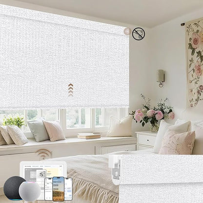 Kincmo No Drill Motorized Blinds with Remote, 100% Blackout Roller Shades for Windows, Custom Electric Blinds Compatible with Alexa, Apple Homekit, Google Home (100% Blackout Starscape White)