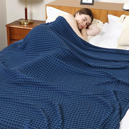 Aganear Waffle Blanket - Lightweight Breathable Summer Blanket of 50% Cotton and 50% Rayon Derived from Bamboo for Hot Sleepers Luxury Throws for Bed, Couch and Sofa,Navy,90x90 Inches