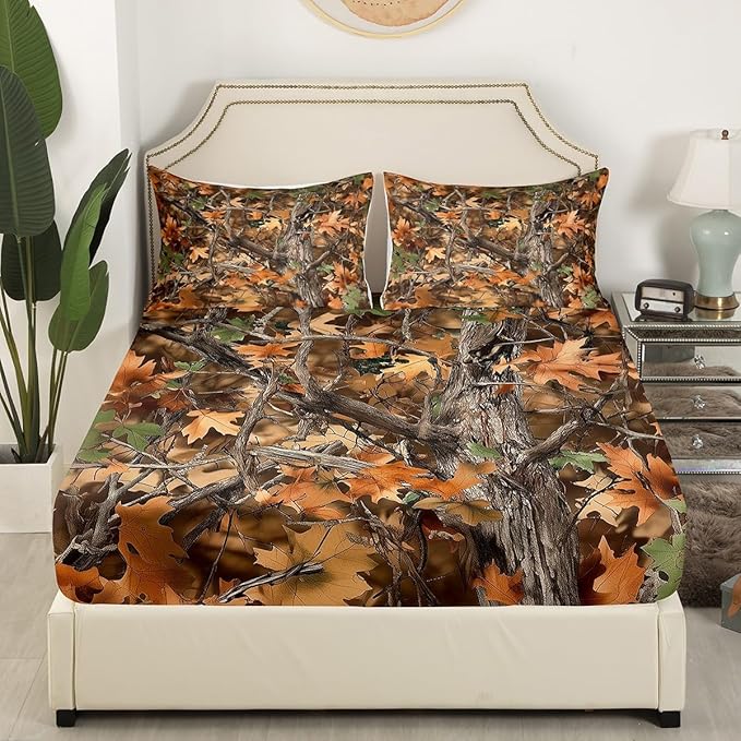 Camoflage Kids Fitted Sheet Twin Size,Jungle Tree Woods Fall Leaves Rustic Cabin Bedding Set,Boys Girls Room Decor,Hunting Adventure Nature Bed Cover,Brown Bed Sheet,1 Pillowcase(No Top Sheet)