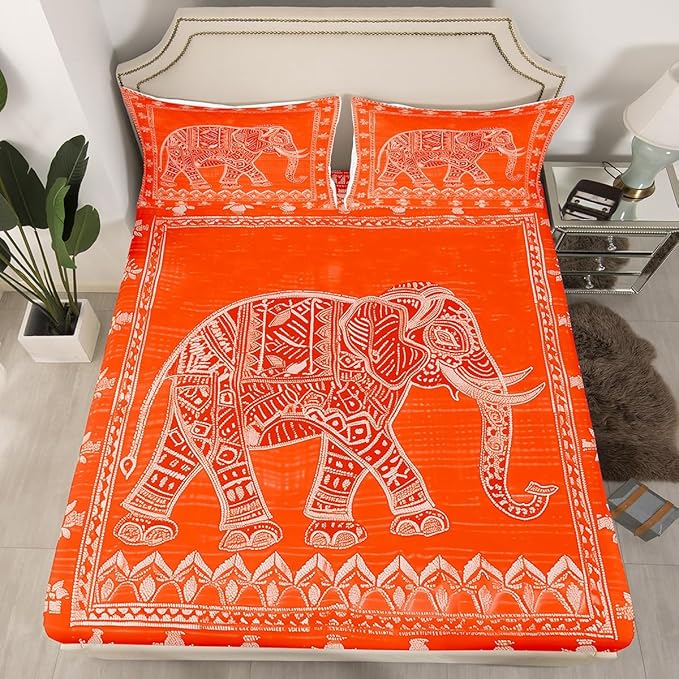 Native American Indian Style Kids Sheet King Size,Exotic Elephant Bohemia Bedding Set,Boys Girls Room Decor,Geometric Flowers Trippy Boho Orange Bed Sheet Set 4pcs(Fitted + Flat + 2 Pillowcases)
