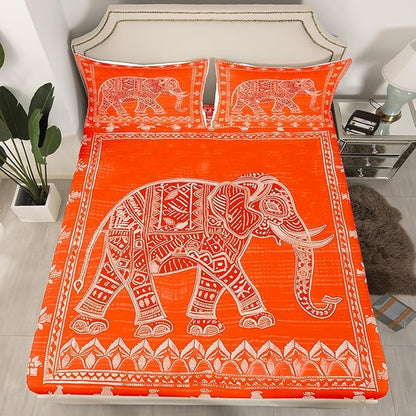 Native American Indian Style Kids Sheet King Size,Exotic Elephant Bohemia Bedding Set,Boys Girls Room Decor,Geometric Flowers Trippy Boho Orange Bed Sheet Set 4pcs(Fitted + Flat + 2 Pillowcases)