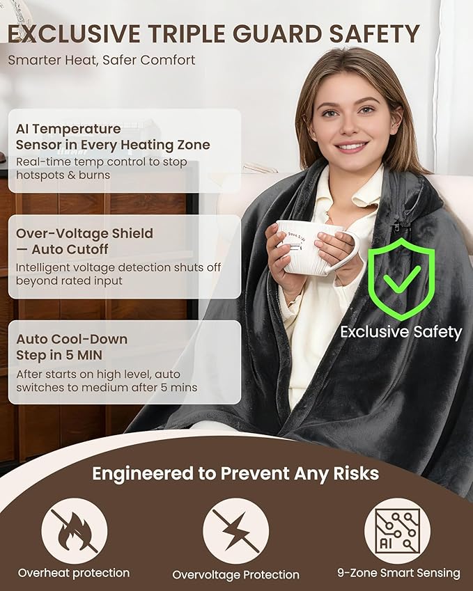Cordless Heated Blanket with Hood, USB Battery Powered Heated Wearable Blanket with 9 Heating Zones, 20000 mAh Power Bank, 3 Levels, Portable Heated Throw Blanket, Heated Shawl (Warm Cozy Gray)
