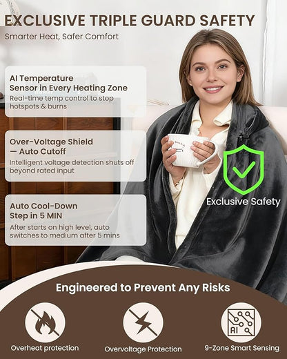 Cordless Heated Blanket with Hood, USB Battery Powered Heated Wearable Blanket with 9 Heating Zones, 20000 mAh Power Bank, 3 Levels, Portable Heated Throw Blanket, Heated Shawl (Warm Cozy Gray)