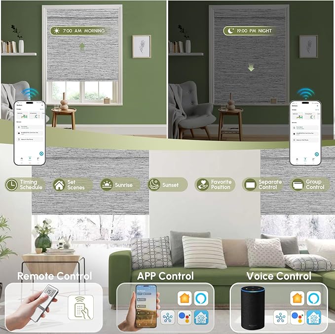 FineTell Motorized Blinds with Remote, 100% Blackout Roller Shades Compatible with Alexa,Apple Homekit,Google Home APP and Voice Control, Customized Electric Blinds (100% Blackout Dreamy Grey)