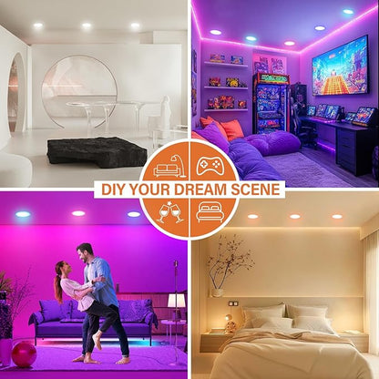 6Pack Smart RGB Recessed Lighting 4Inch,Ultra-Thin Canless LED Downlight,2.4GHz Wi-Fi Bluetooth, 2700K-6500K, 9W 810LM,Work with Tuya App,Alexa,Google Assistant,Sync Music