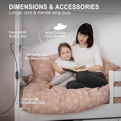 Clip-on Lamp Reading Light - 5 Color Modes, 10 Brightness Levels, 8W, 66 LED, Eye-Caring Metal Clamp Light with Gooseneck for Bed, Headboard, Desk, Video Conferencing, Makeup