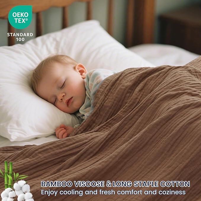 PHF Cooling Muslin Throw Blanket for Hot Sleepers, 60% Rayon Derived from Bamboo, 40% Cotton for Summer, 4-Layer Breathable Gauze Blanket for Bed Couch, 50"x60", Brown