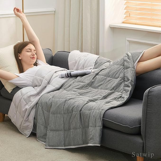Satwip Cooling Weighted Blanket 15 lbs Cool Moire Jersey Bed Blanket Twin Size for Hot Sleeper with Soft Breathable Sanded, 48 x 72 inches, Grey