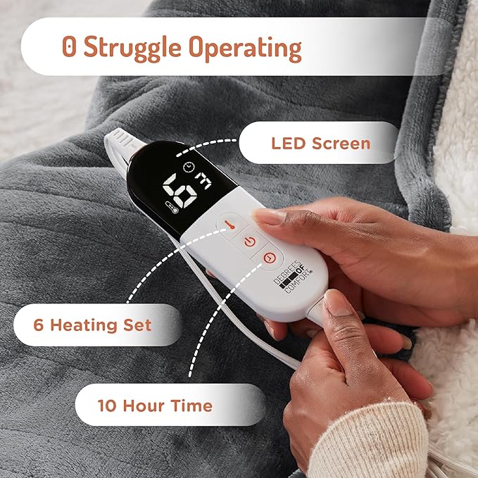 Degrees of Comfort Electric Heated Blanket Queen Size with Dual Control - Soft Flannel Heating Blankets with 6 Heat Settings, 10-Hour Auto Shut-Off, Overheat Protection, ETL Certified - 84x90'', Grey