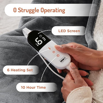 Degrees of Comfort Electric Heated Blanket Queen Size with Dual Control - Soft Flannel Heating Blankets with 6 Heat Settings, 10-Hour Auto Shut-Off, Overheat Protection, ETL Certified - 84x90'', Grey