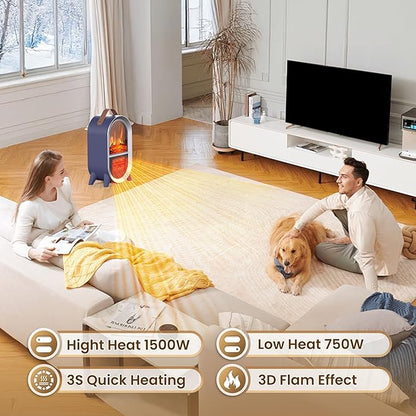 Portable Electric Fireplace Heater, 1500W/750W Mini Space Heater for Indoor Use with 3D Flame, Thermostat, Carry Handle, Overheat & Tipover Protection, for Home Office Bedroom Desk, Blue