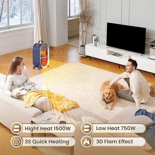 Portable Electric Fireplace Heater, 1500W/750W Mini Space Heater for Indoor Use with 3D Flame, Thermostat, Carry Handle, Overheat & Tipover Protection, for Home Office Bedroom Desk, Blue